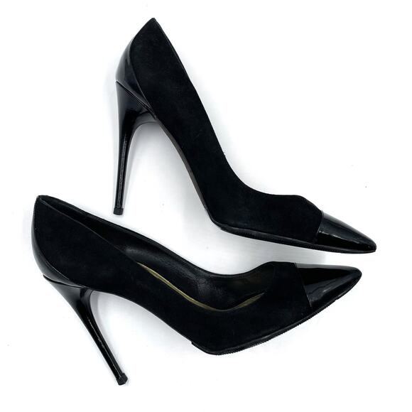 SOLD-Tom Ford Suede Pumps Black Patent Cap Toe Stiletto Heels Point Toe - Picture 3 of 10